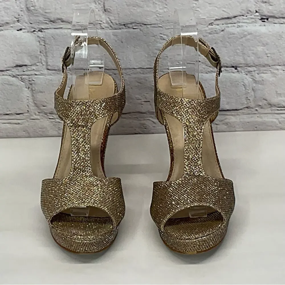 Rampage Sandals Women's Size 7 Rose Gold Glitter T-Strap Wedge Platform Vacation